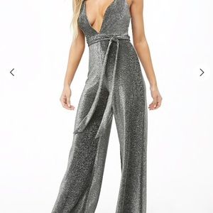 Plunging Belted Metallic Jumpsuit
